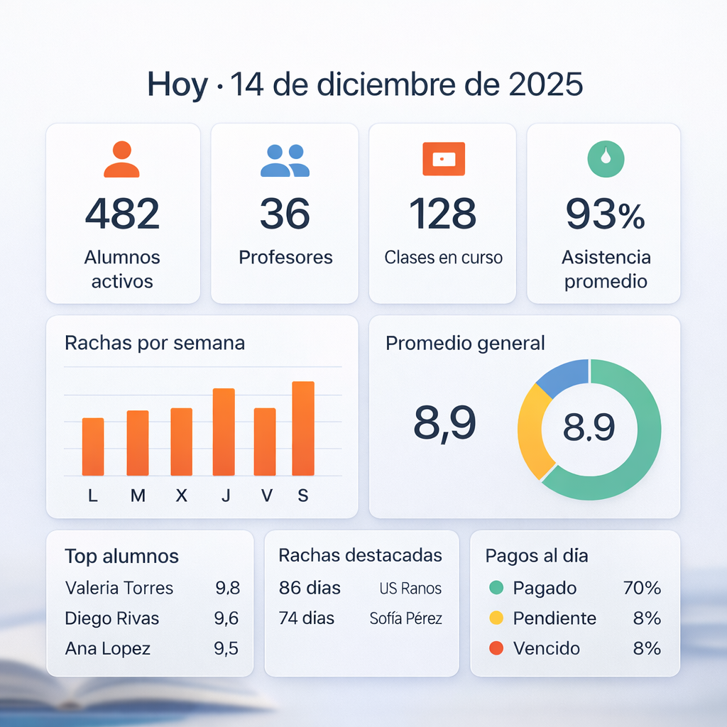 Panel de control con métricas de alumnos y crecimiento