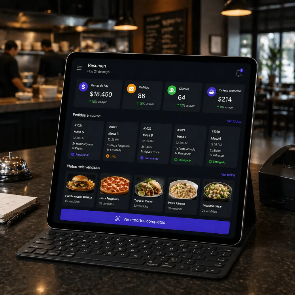 Consola con reportes, métricas, ventas y pedidos en tiempo real