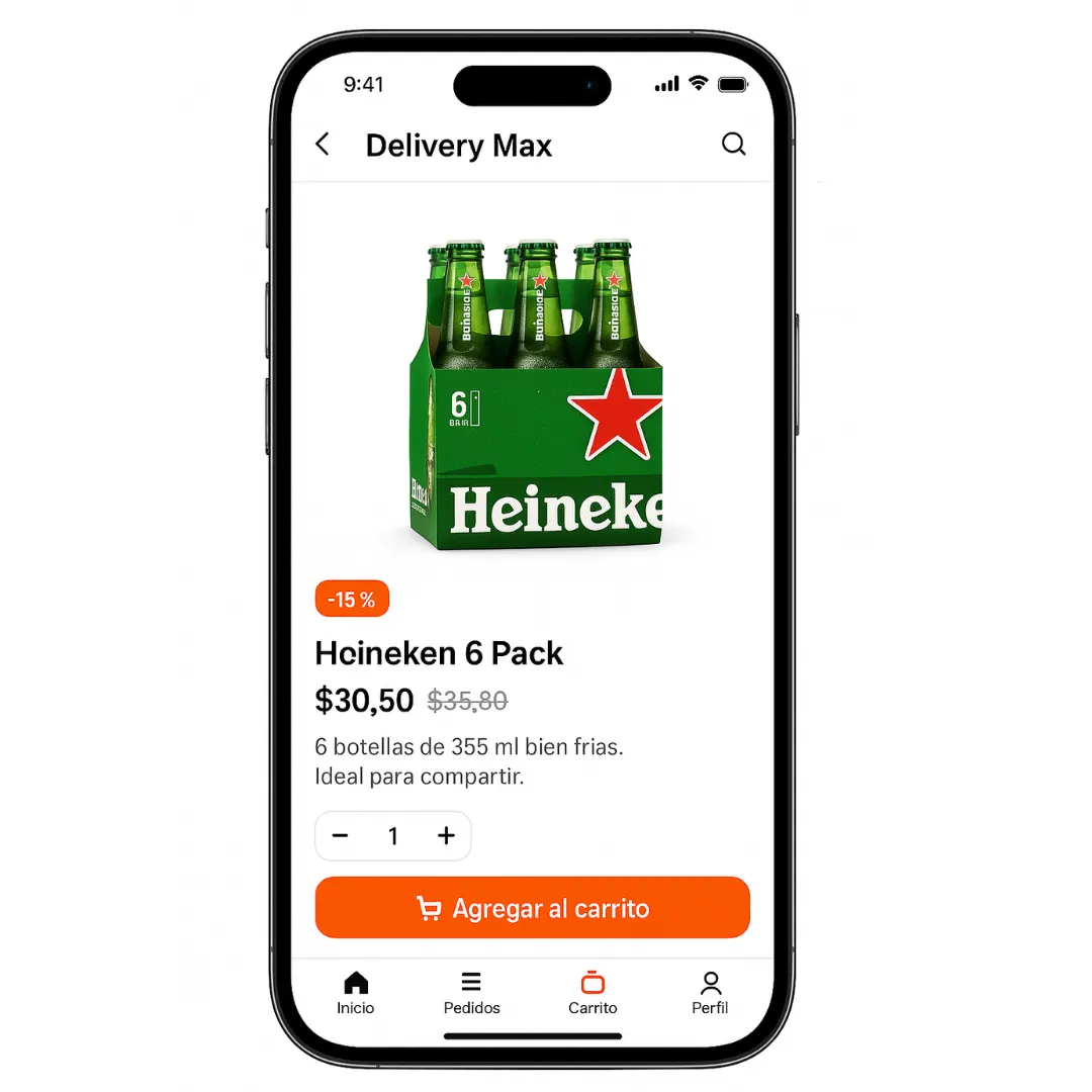 Vista de producto en la app Delivery Max